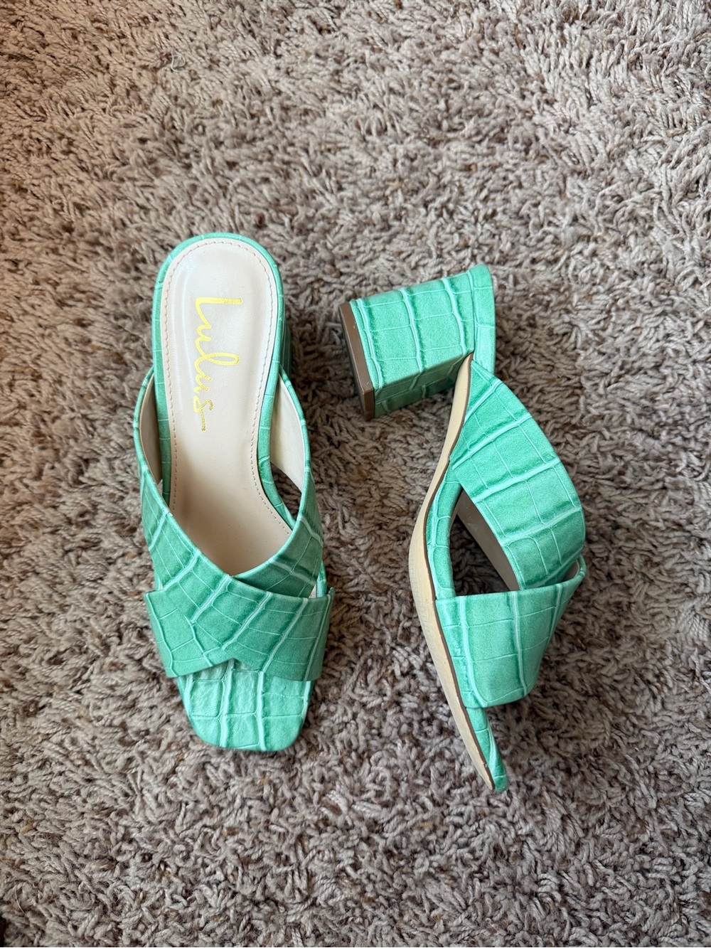 Lulu's Mint Green Croc-Embossed Block Heel Mules